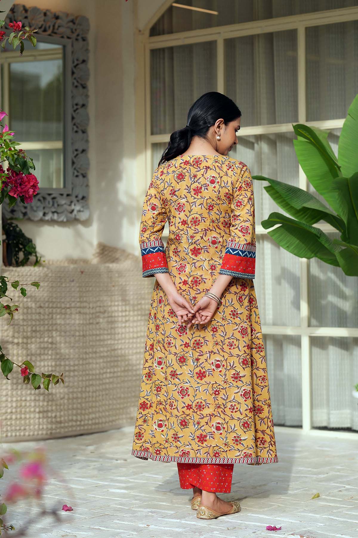 Mustard Yellow A-Line Kurta/Pant Set In Handblock Cotton