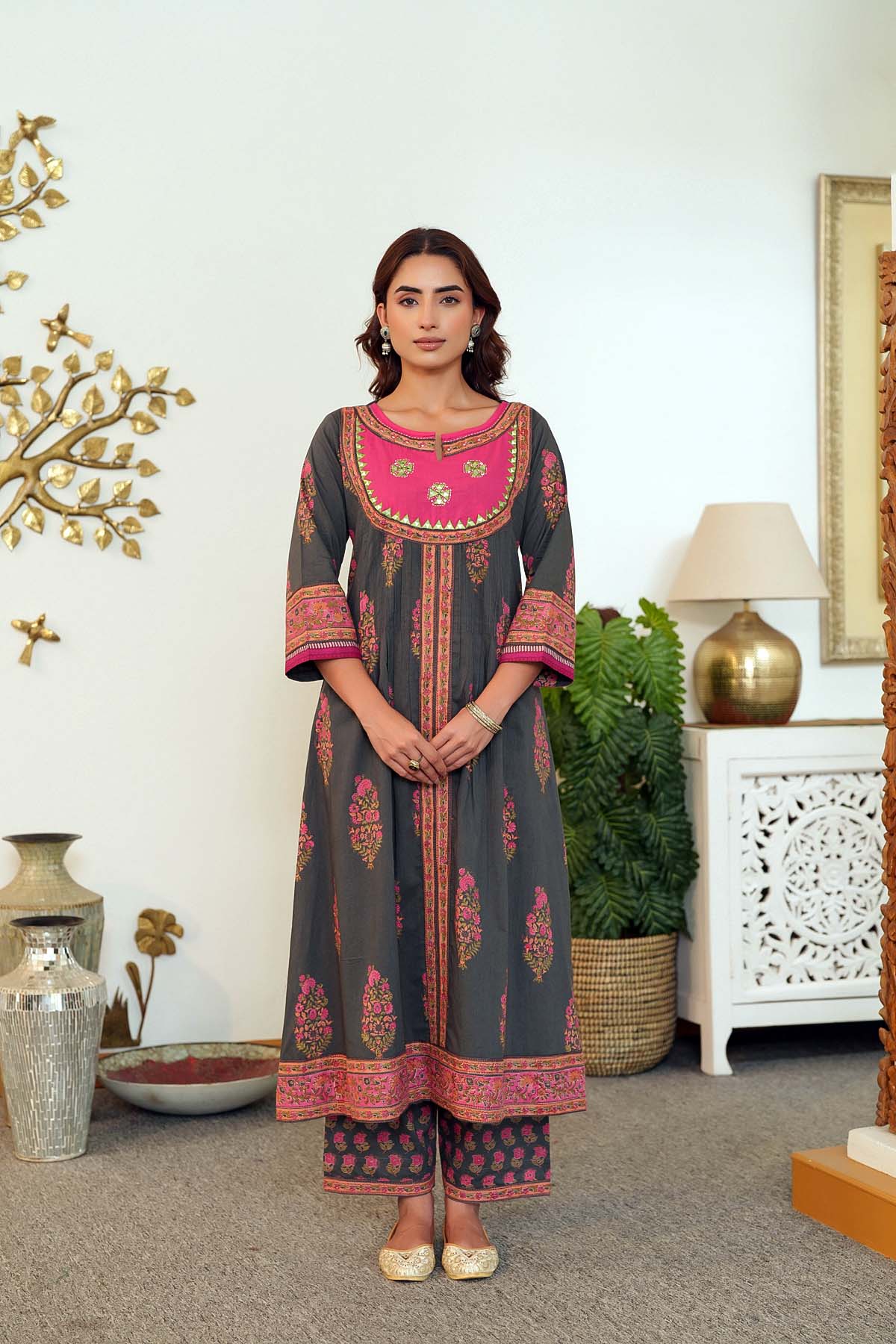Dark Grey A-Line Kurta/Pant Set In Handblock Cotton