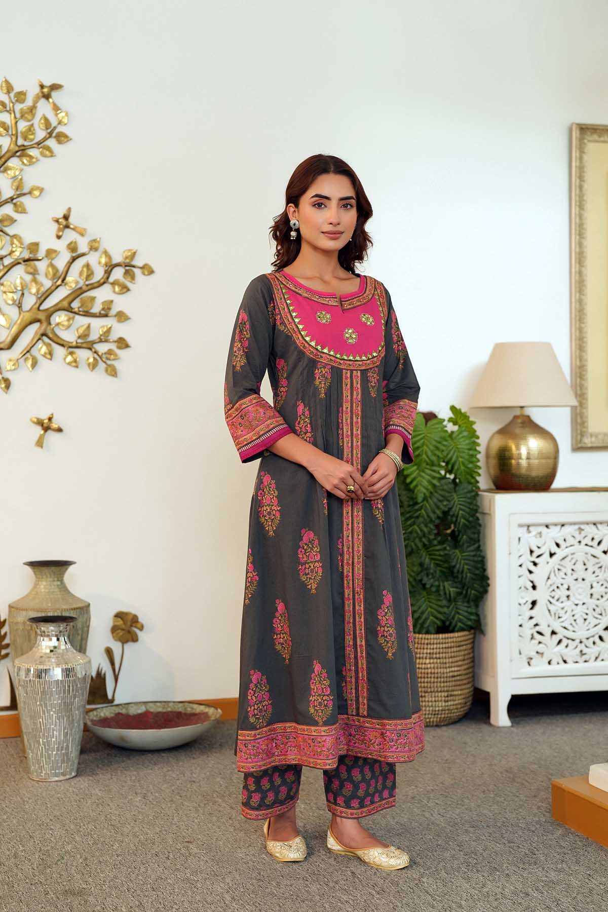Dark Grey A-Line Kurta/Pant Set In Handblock Cotton