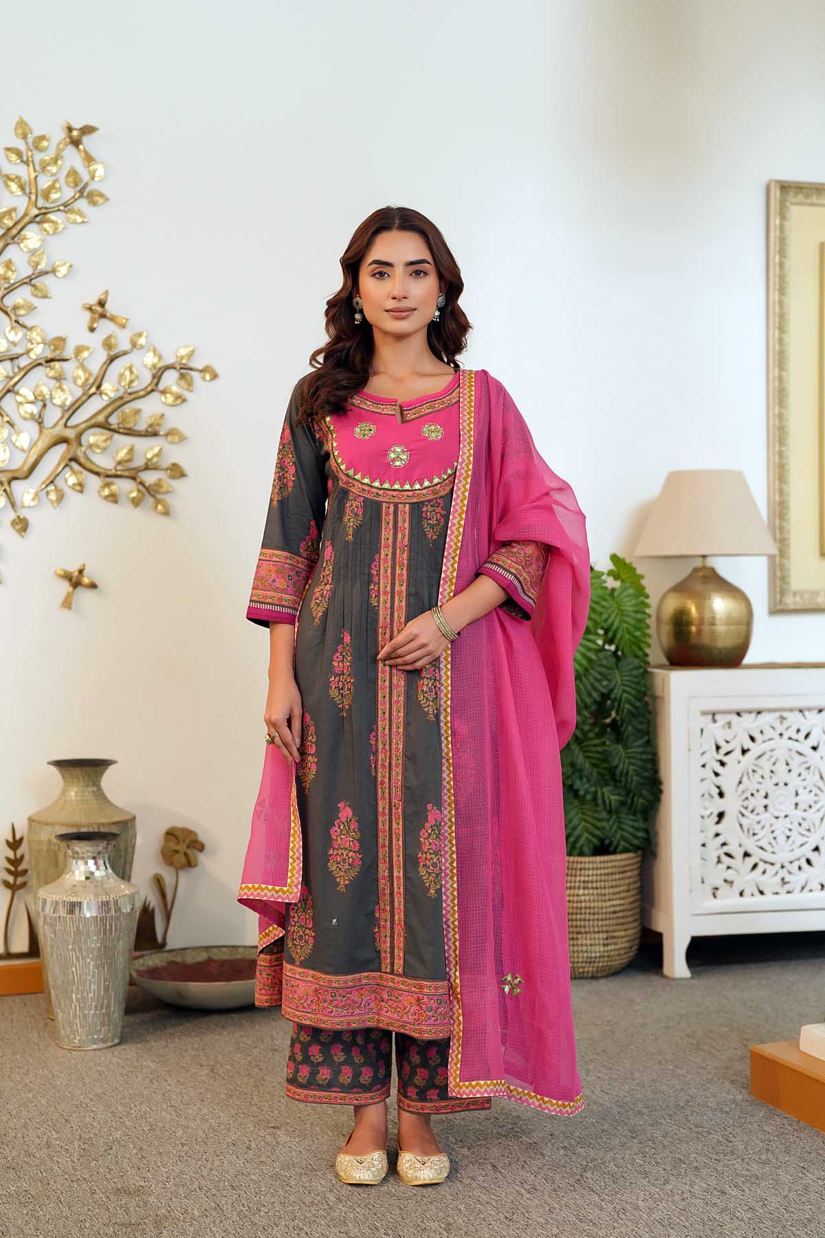 Dark Grey A-Line Kurta/Pant Set In Handblock Cotton
