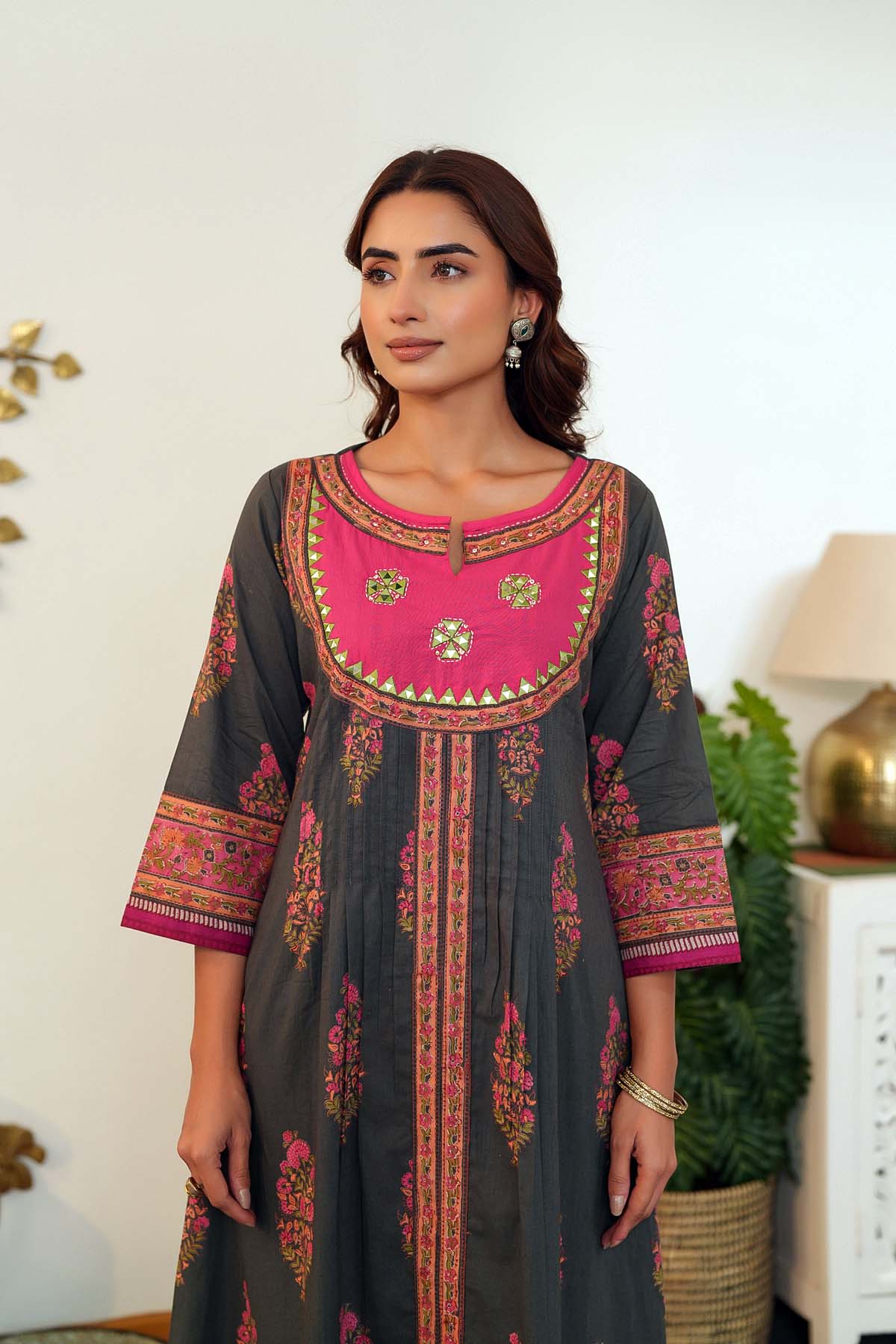 Dark Grey A-Line Kurta/Pant Set In Handblock Cotton