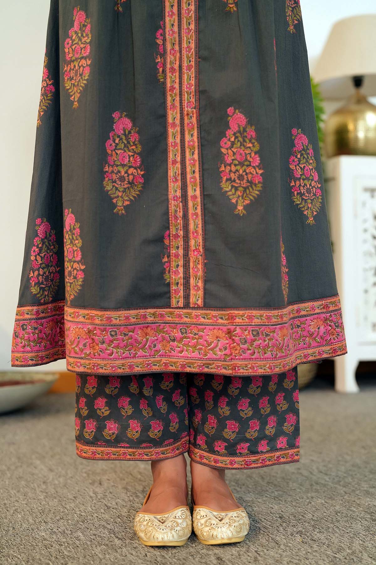 Dark Grey A-Line Kurta/Pant Set In Handblock Cotton