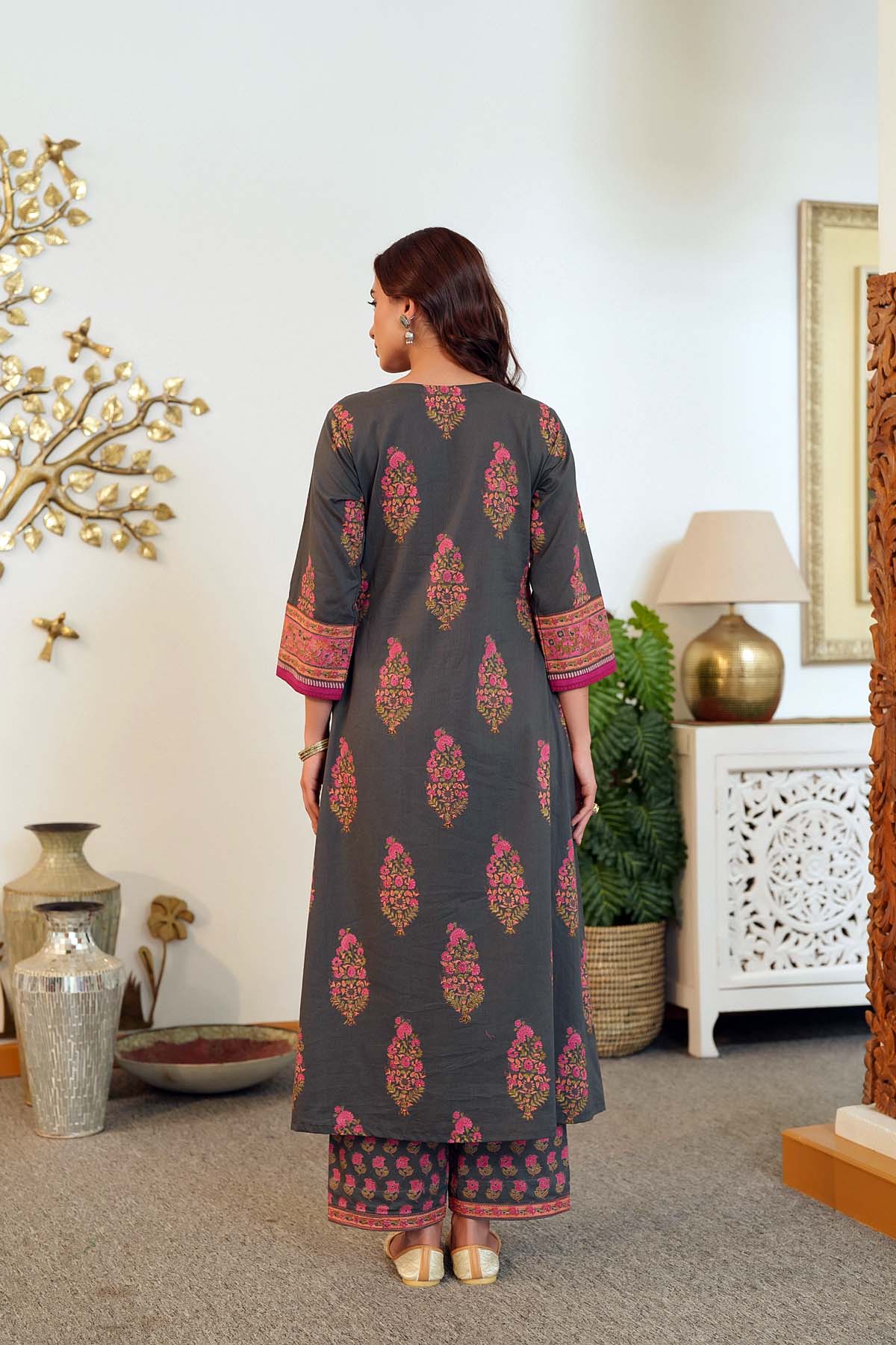 Dark Grey A-Line Kurta/Pant Set In Handblock Cotton