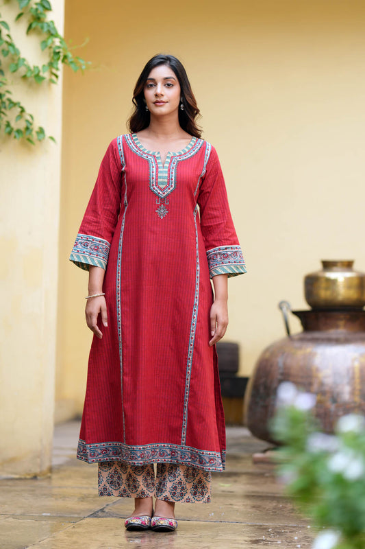Maroon A-Line Kurta/Pant Set In Handloom Cotton