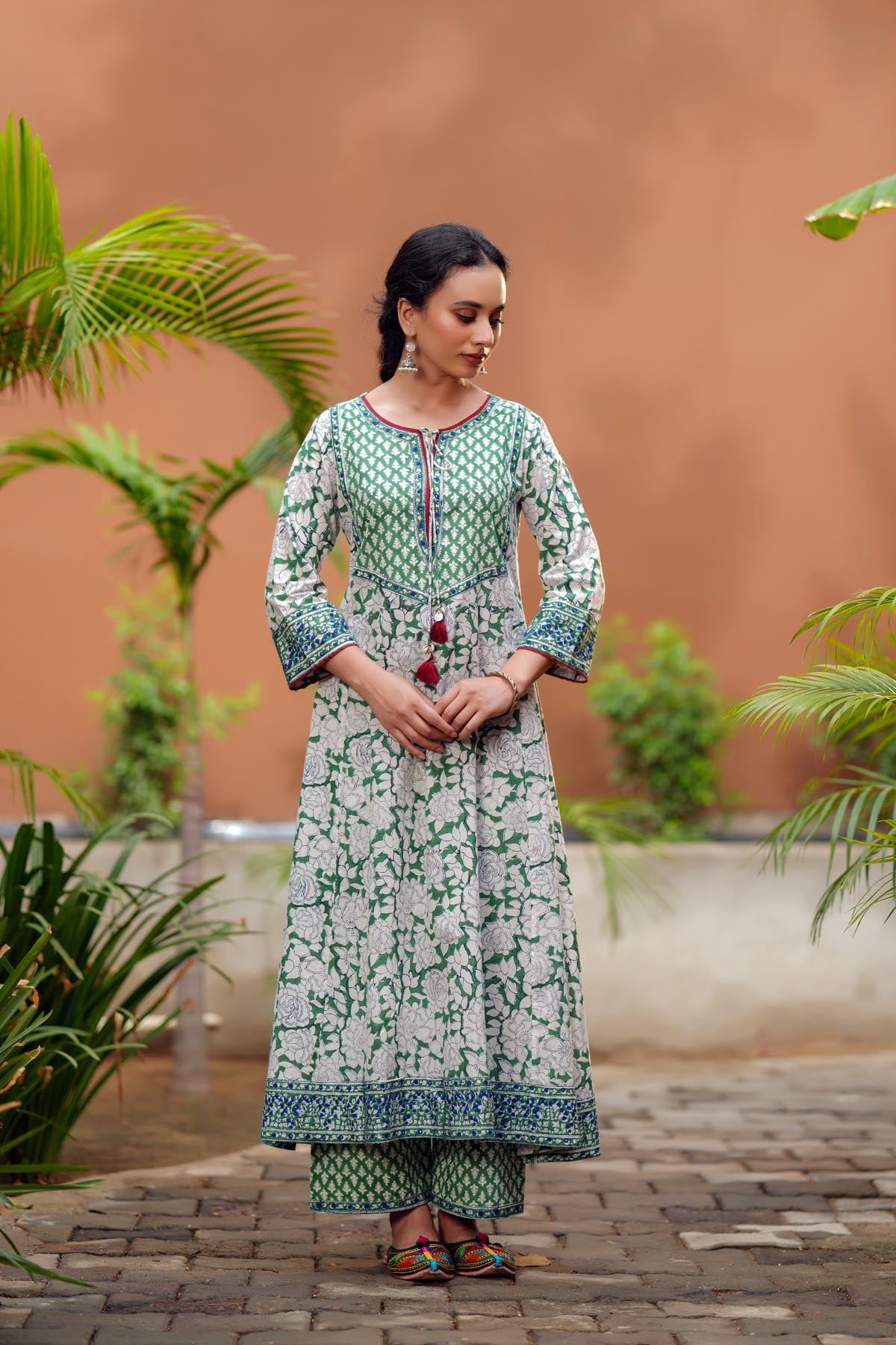 Light Green A-Line Kurta/Pant Set In Handblock Cotton