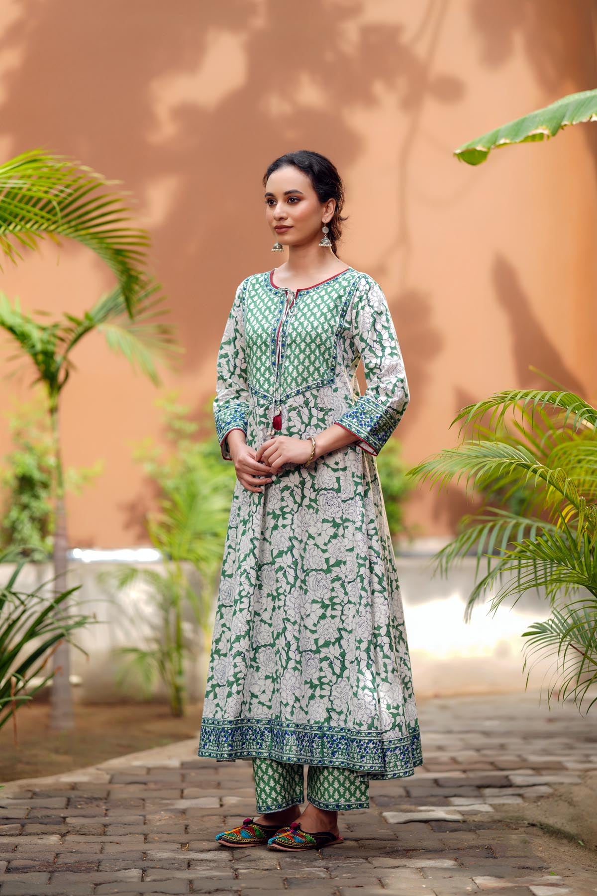 Light Green A-Line Kurta/Pant Set In Handblock Cotton