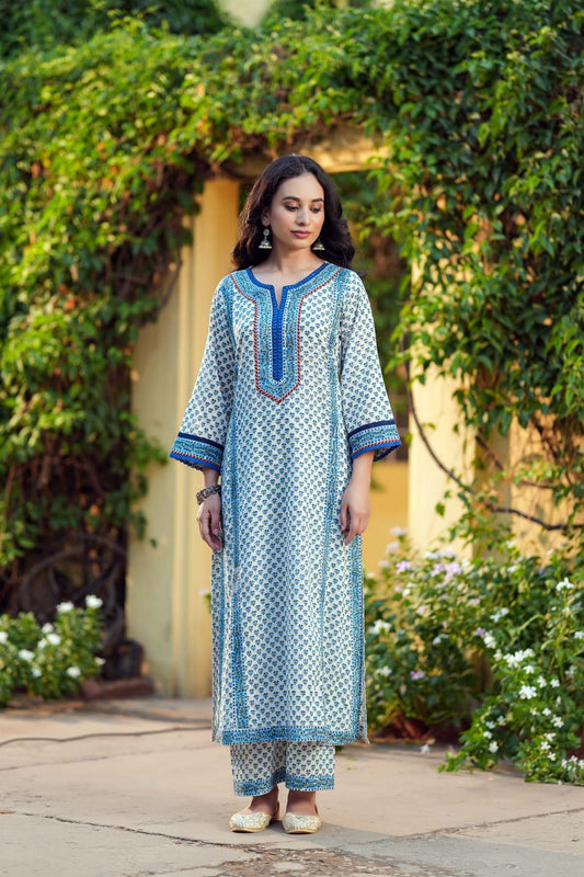 A-Line Kurta In White/Blue HandBlock Cotton