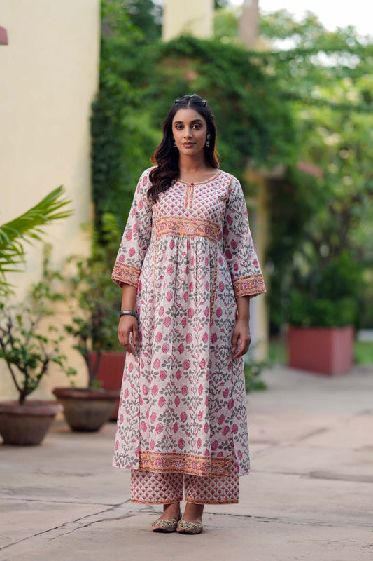 Off-White A-Line Kurta/Pant Set In Handblock Cotton