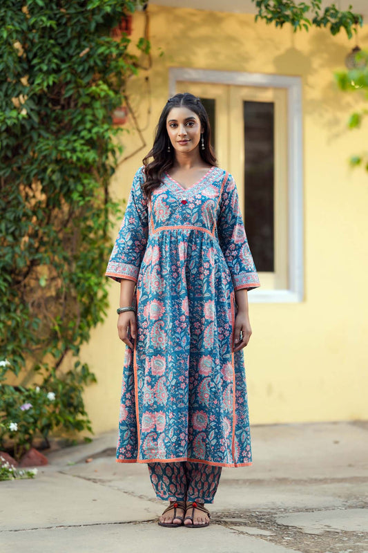 Teal Blue Kurta/Pant Set In Hand Block Cotton