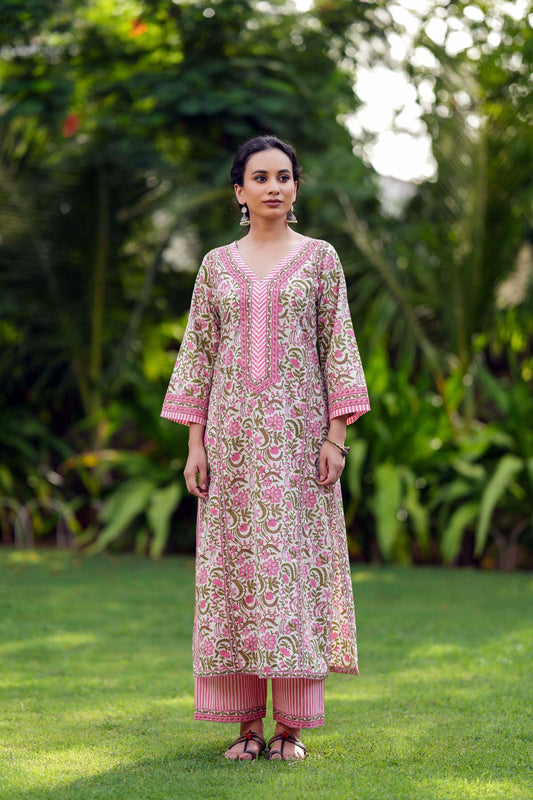 Pink Long Length A-Line Fit Kurta/Pant Set