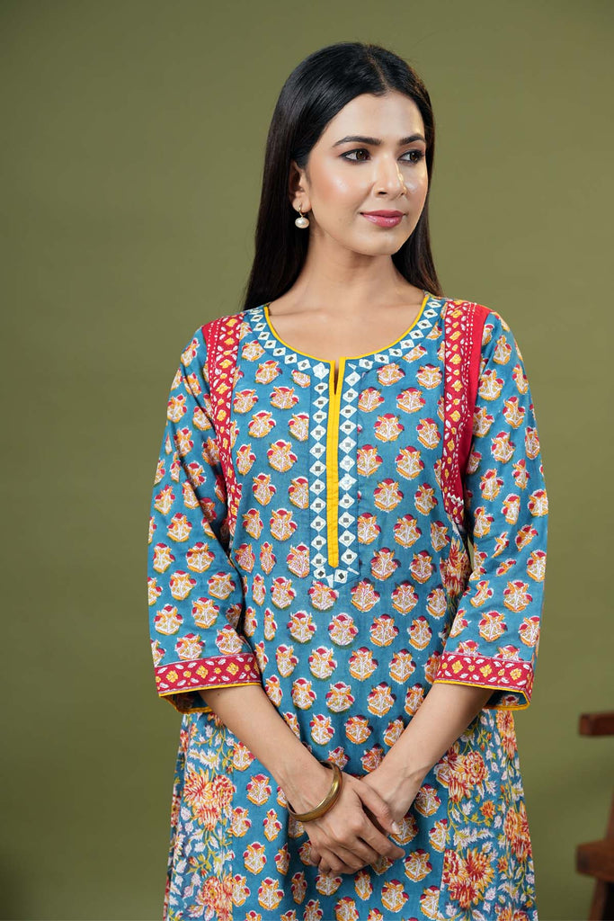 Firozi Blue Kurta In Hand Block Cotton