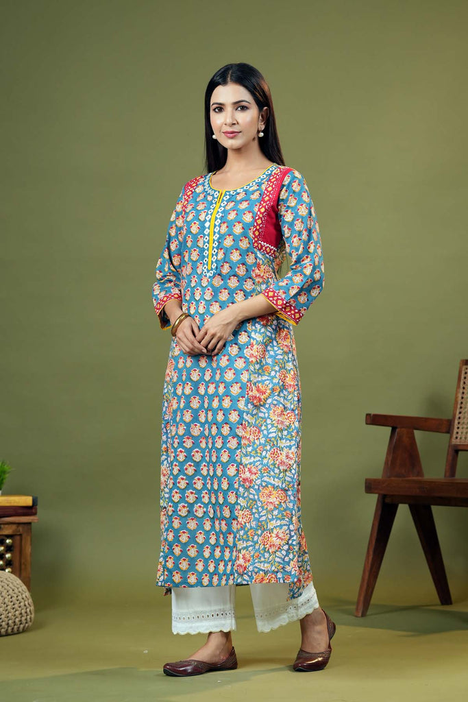 Firozi Blue Kurta In Hand Block Cotton