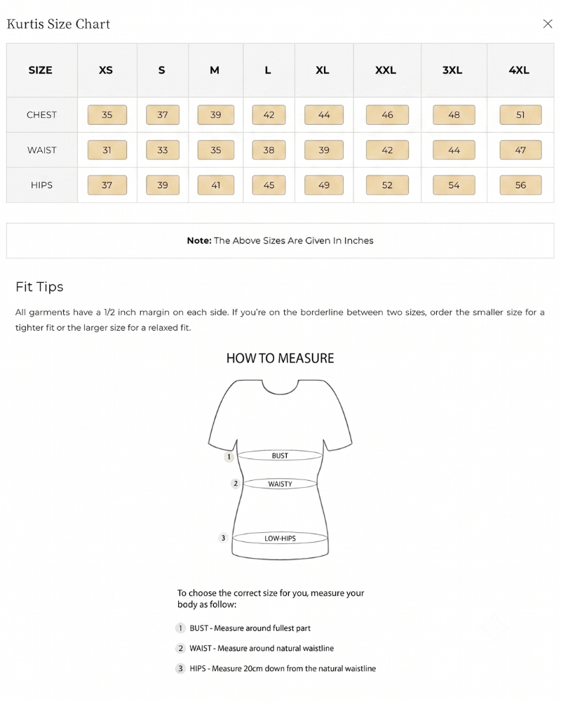 Size Guide for Powder Blue Handblock A-line Kurta