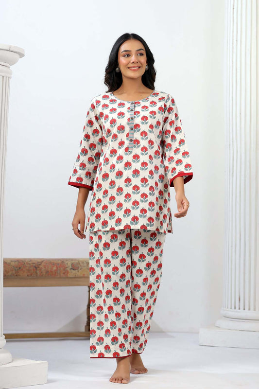 White Red Handblock Cotton Co-ord Set
