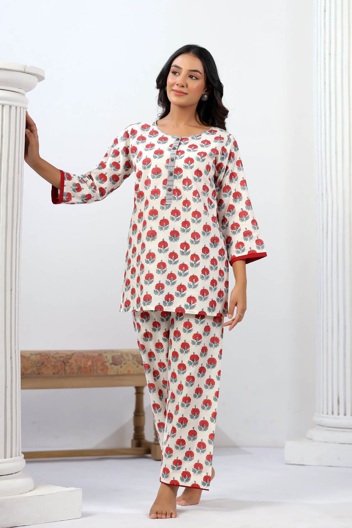 White Red Handblock Cotton Co-ord Set
