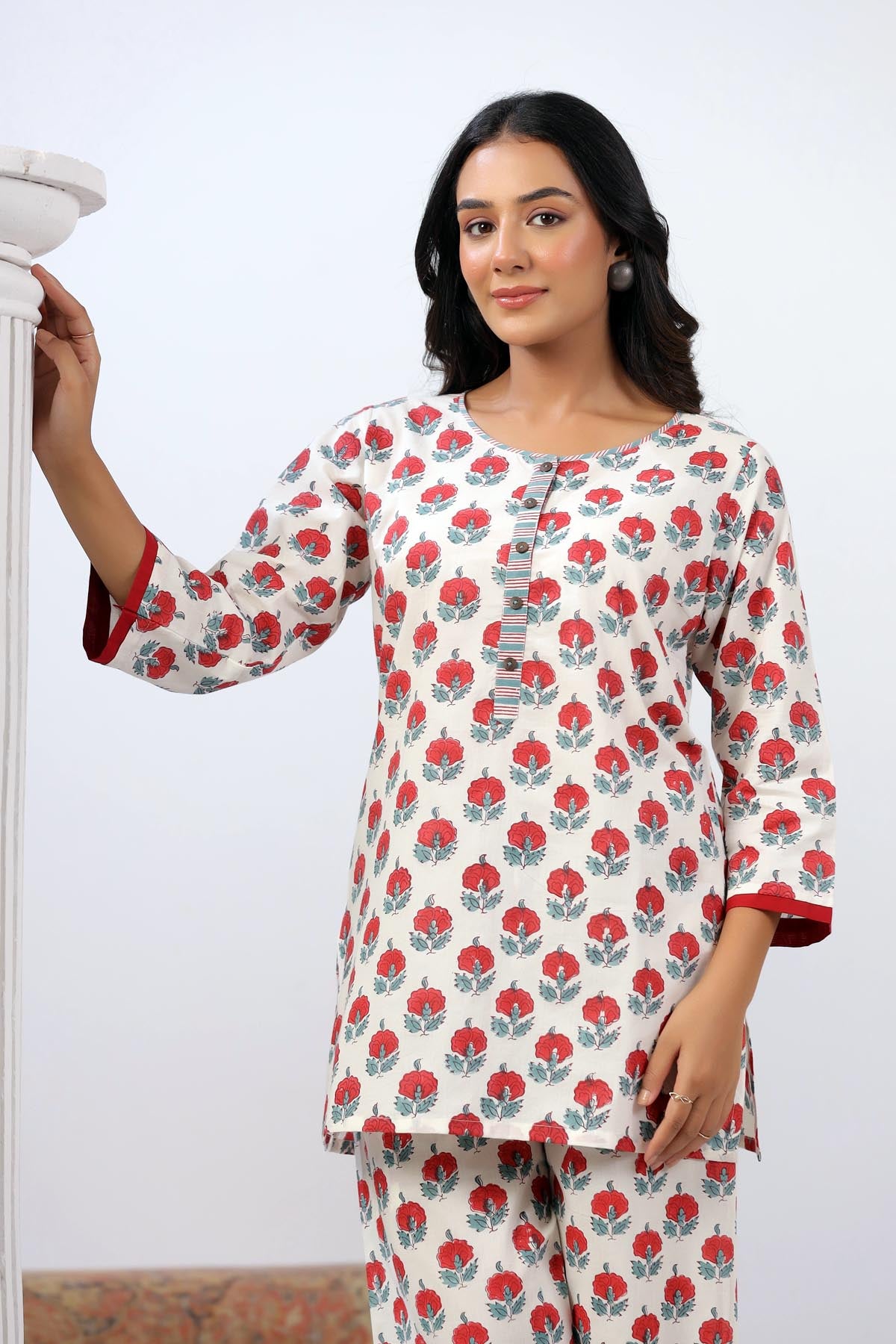 White Red Handblock Cotton Co-ord Set