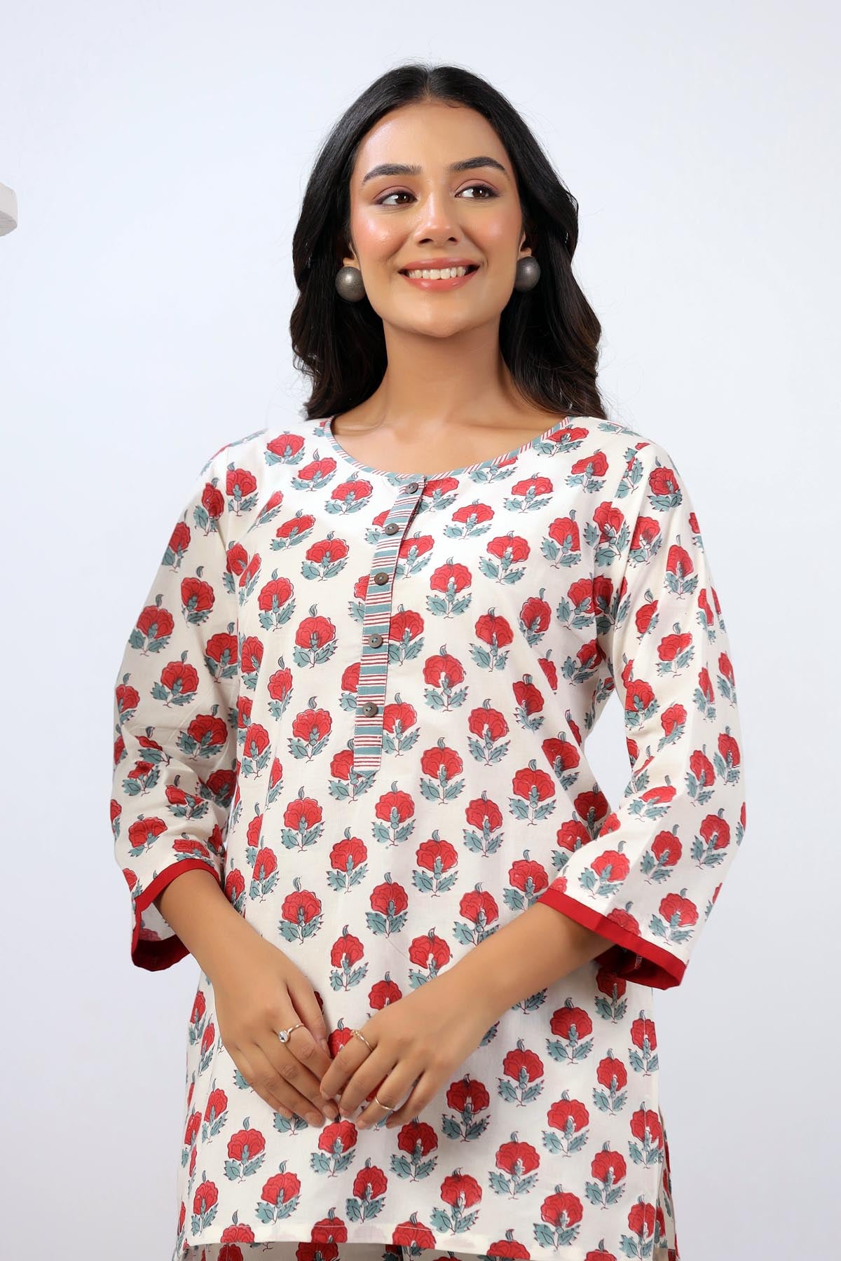 White Red Handblock Cotton Co-ord Set