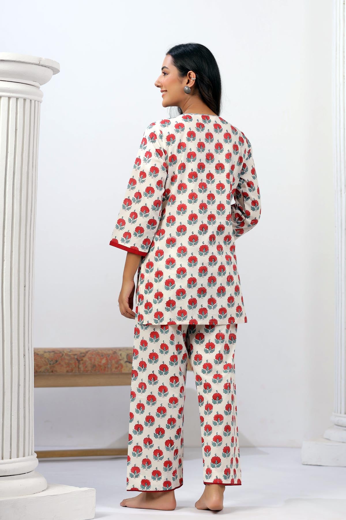 White Red Handblock Cotton Co-ord Set