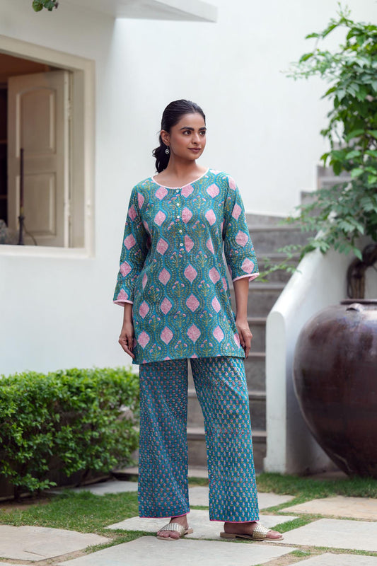 Teal Blue Handblock Co-ord Set