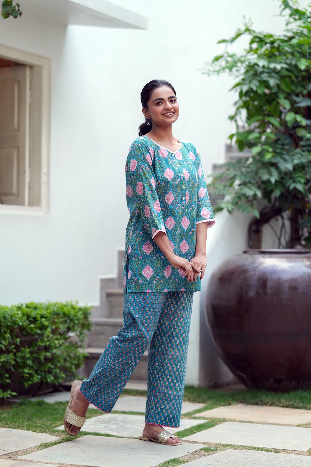Teal Blue Handblock Co-ord Set