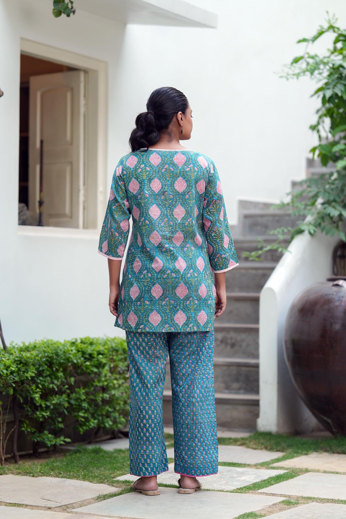 Teal Blue Handblock Co-ord Set
