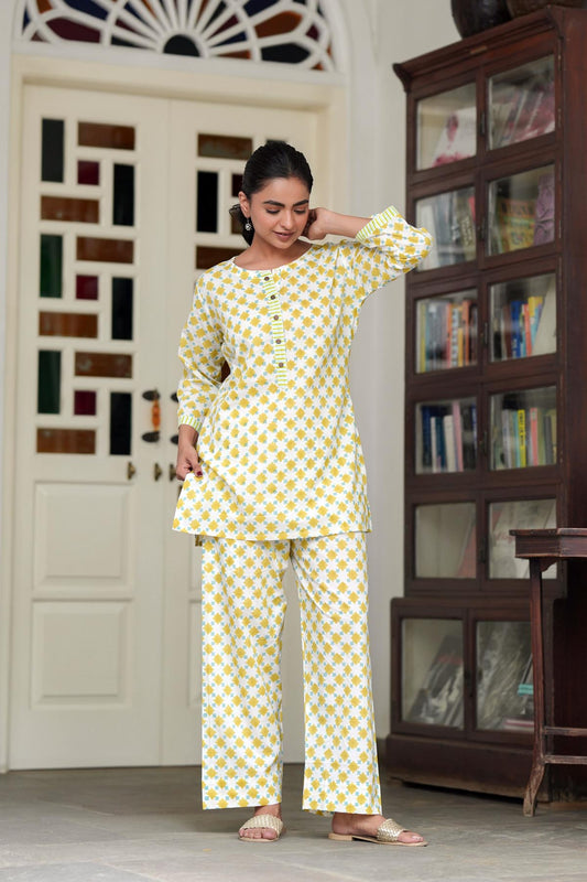 Yellow Blue Handblock Co-ord Set