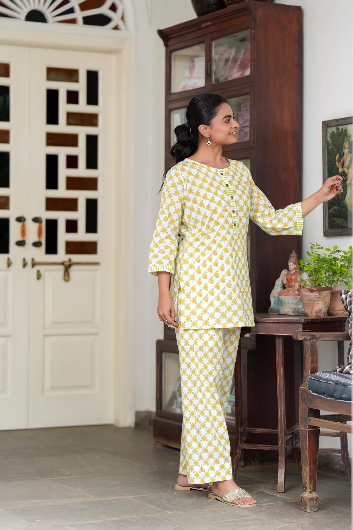 Yellow Blue Handblock Co-ord Set