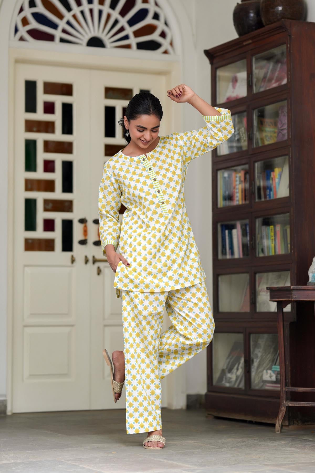 Yellow Blue Handblock Co-ord Set