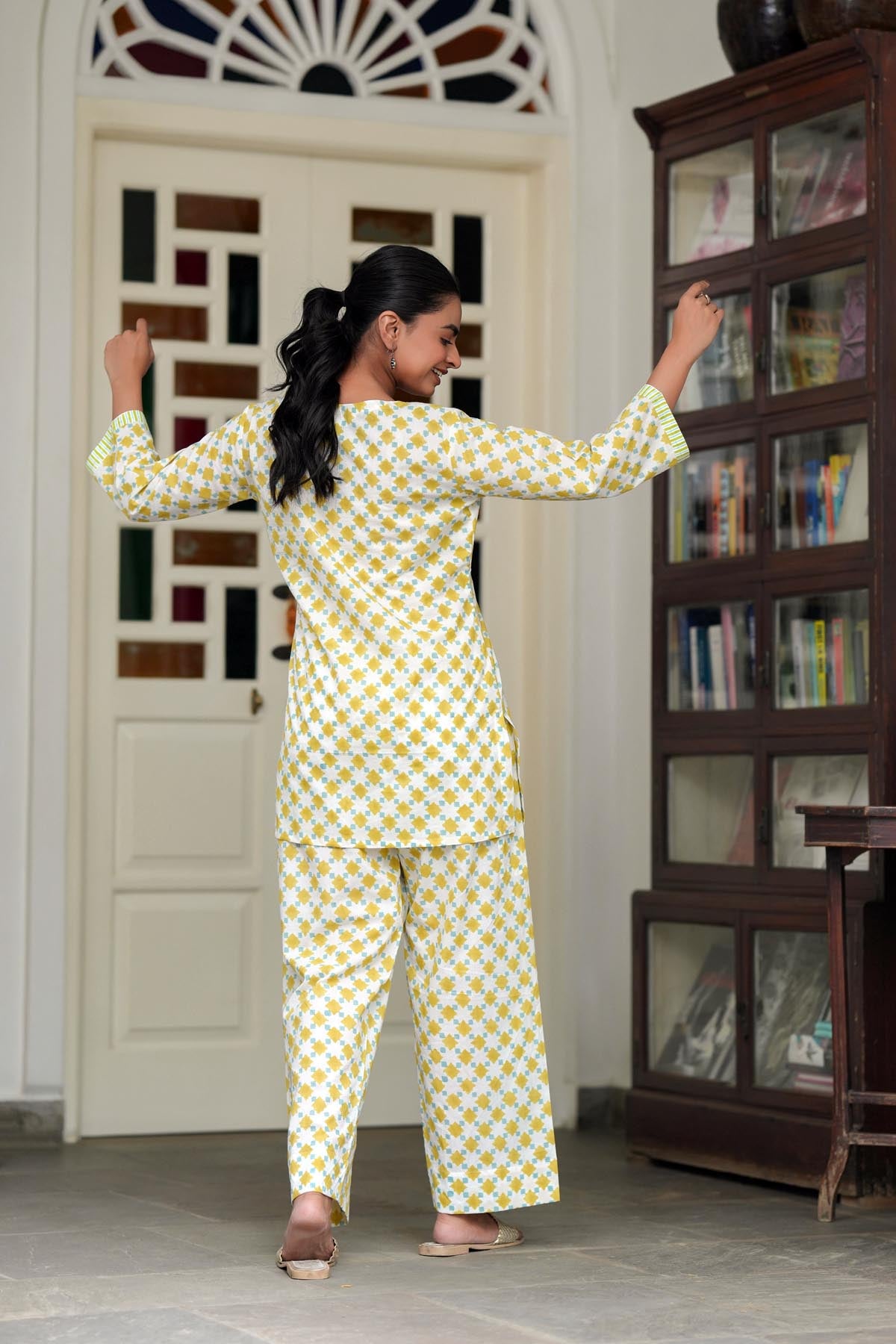 Yellow Blue Handblock Co-ord Set