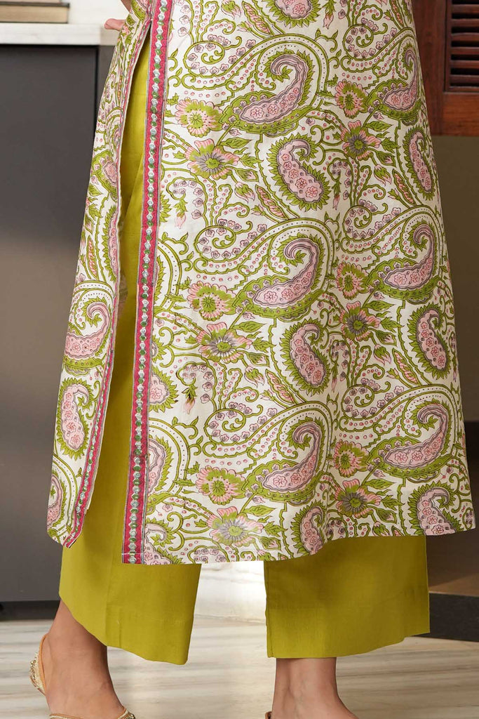 Cotton Straight Pants In Mehndi Green Color