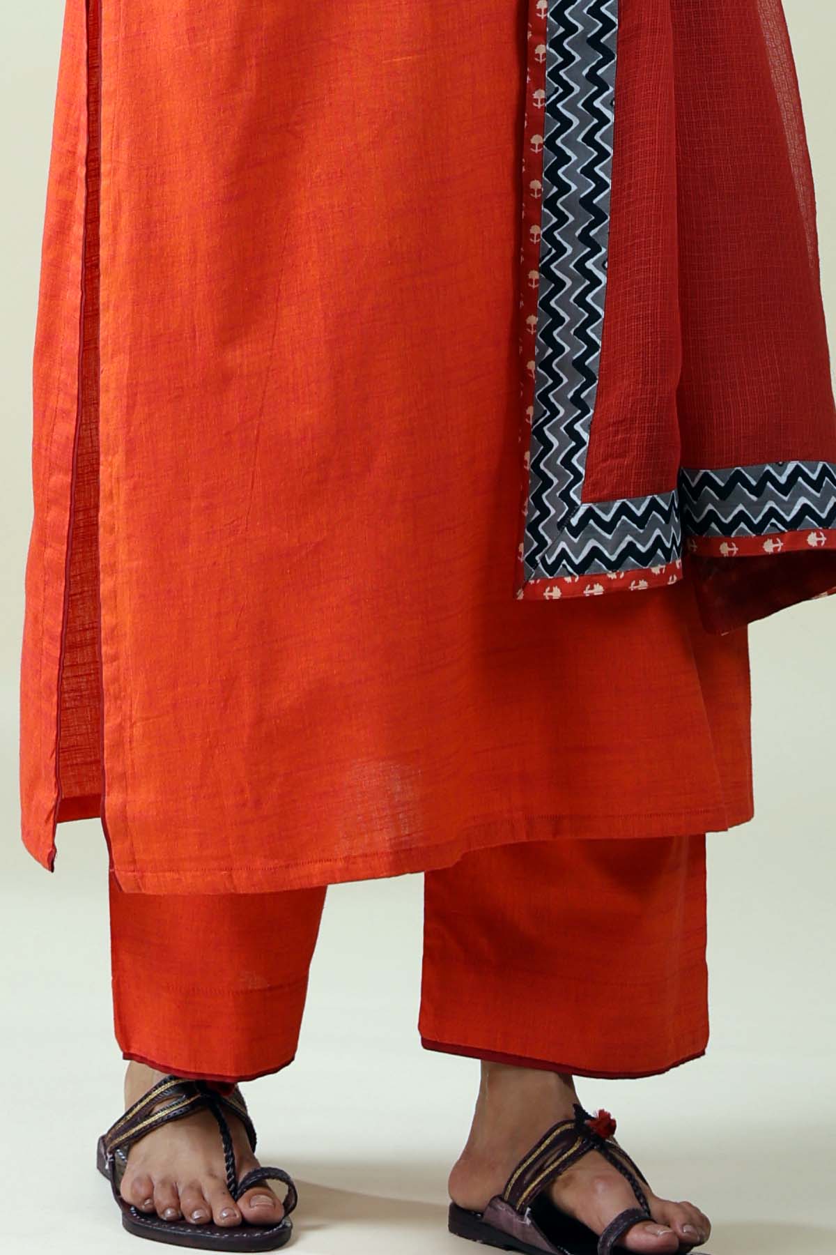 Orange Straight Pant In Handloom Cotton