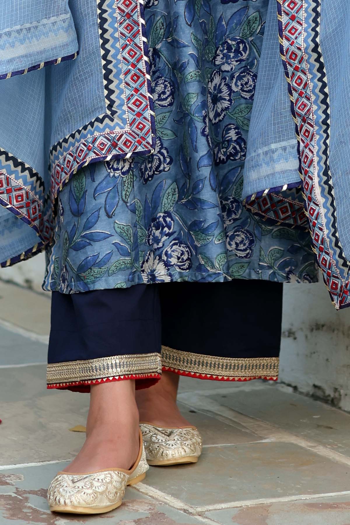Navy Blue Straight Pant With Gota Border