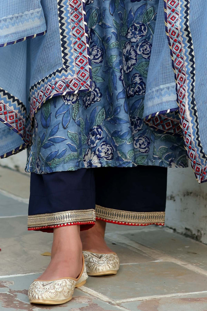 Navy Blue Straight Pant With Gota Border