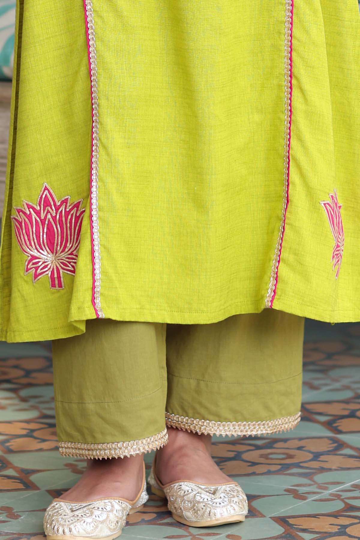 Mehndi Color Straight Pant With Gota Border