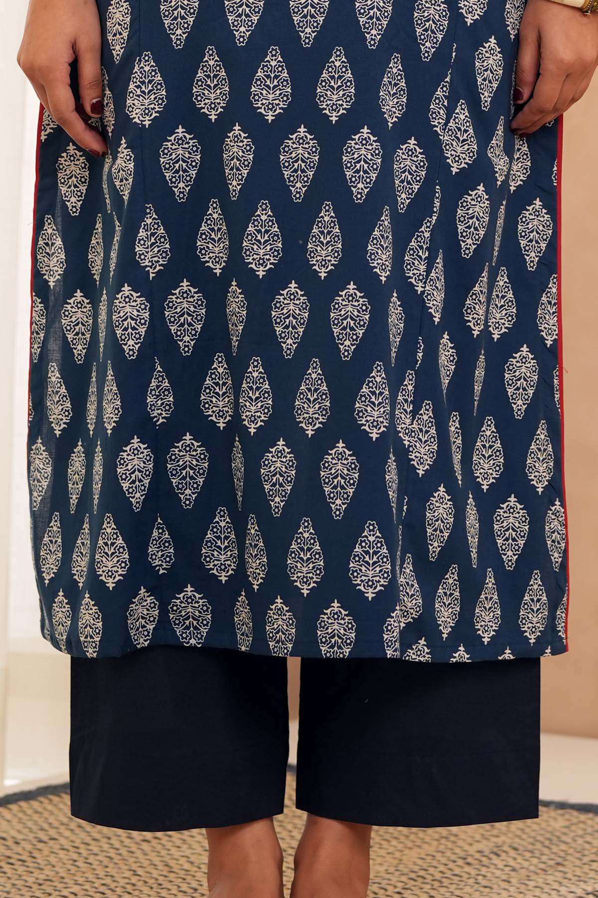 Navy Blue Straight-Fit Cotton Pant
