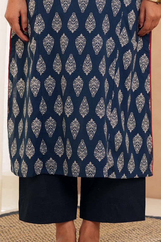 Navy Blue Straight-Fit Cotton Pant
