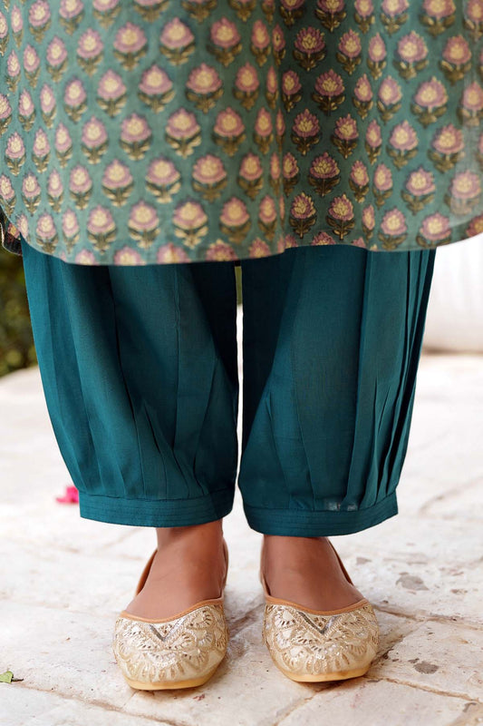 Cotton Salwar Style Pants In Darl Teal Blue Color