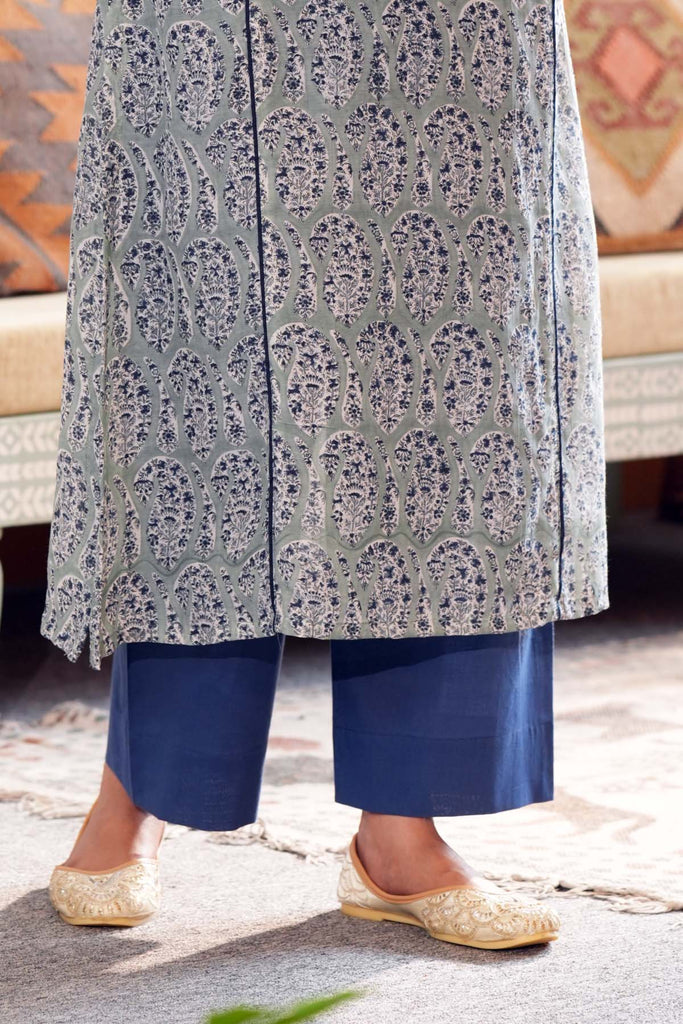 Blue Straight Fit Cotton Pants