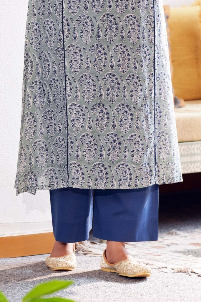 Blue Straight Fit Cotton Pants