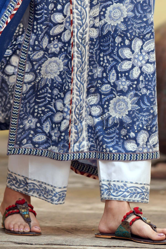 White Cotton Straight Pants With Border