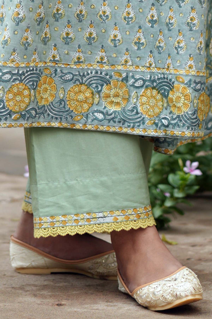 Light Olive Green Straight Pants In Cotton