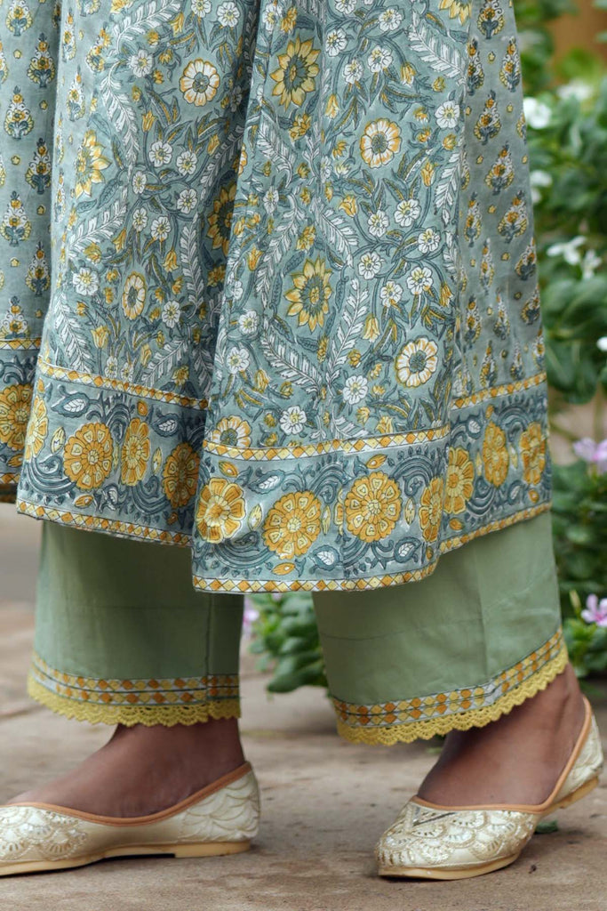 Light Olive Green Straight Pants In Cotton