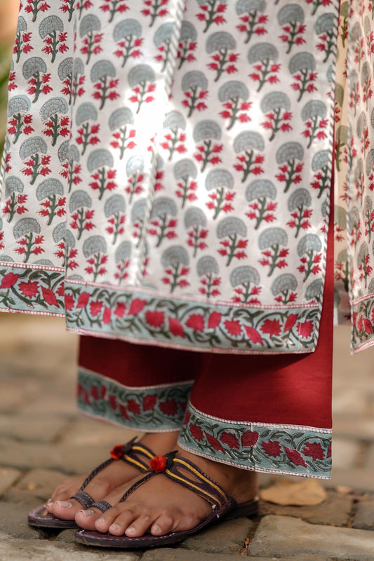 Maroon Cotton Straight Pants With Border