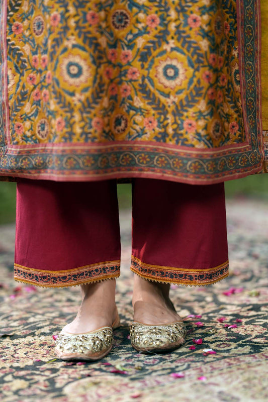 Straight Fit Cotton Pants In Maroon Color With Gota Work