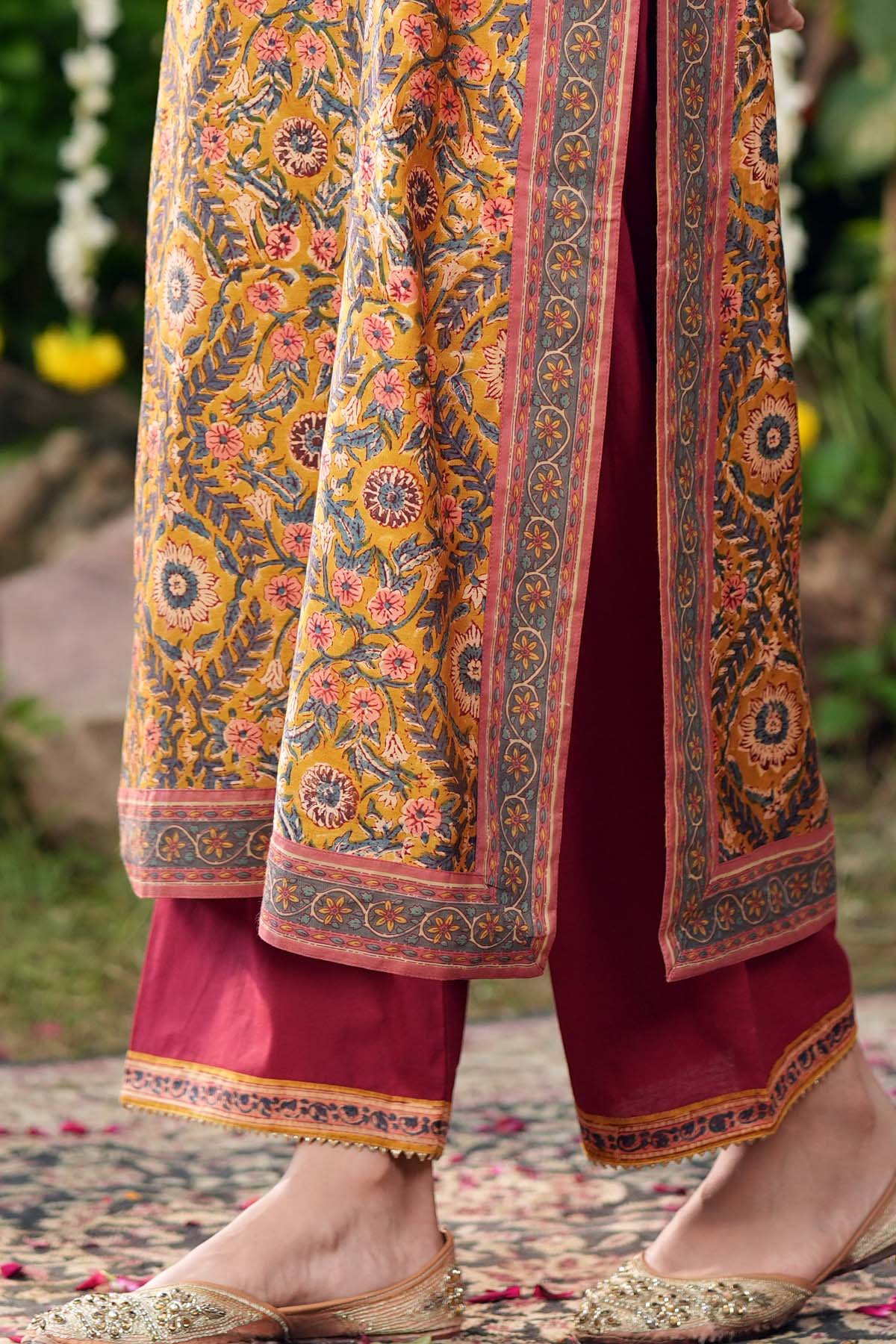 Straight Fit Cotton Pants In Maroon Color With Gota Work