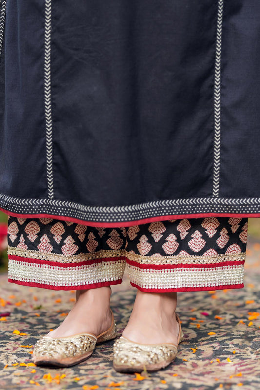 Black Printed Straight Fit Cotton Pants In With Gota Work
