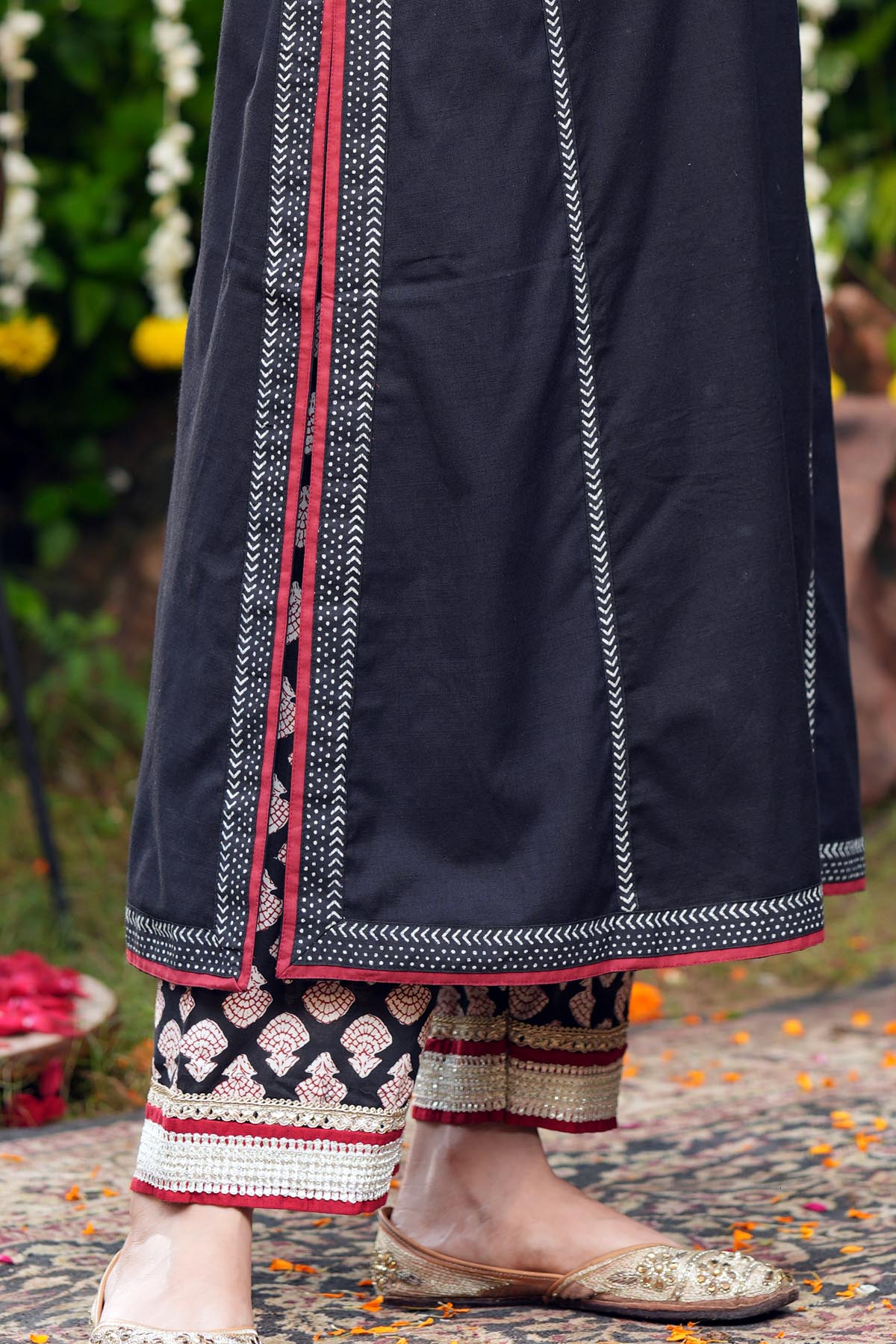 Black Printed Straight Fit Cotton Pants In With Gota Work