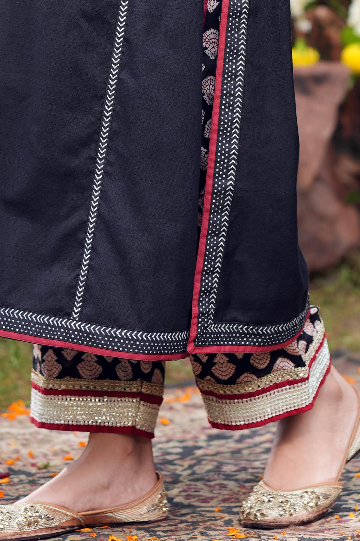 Black Printed Straight Fit Cotton Pants In With Gota Work