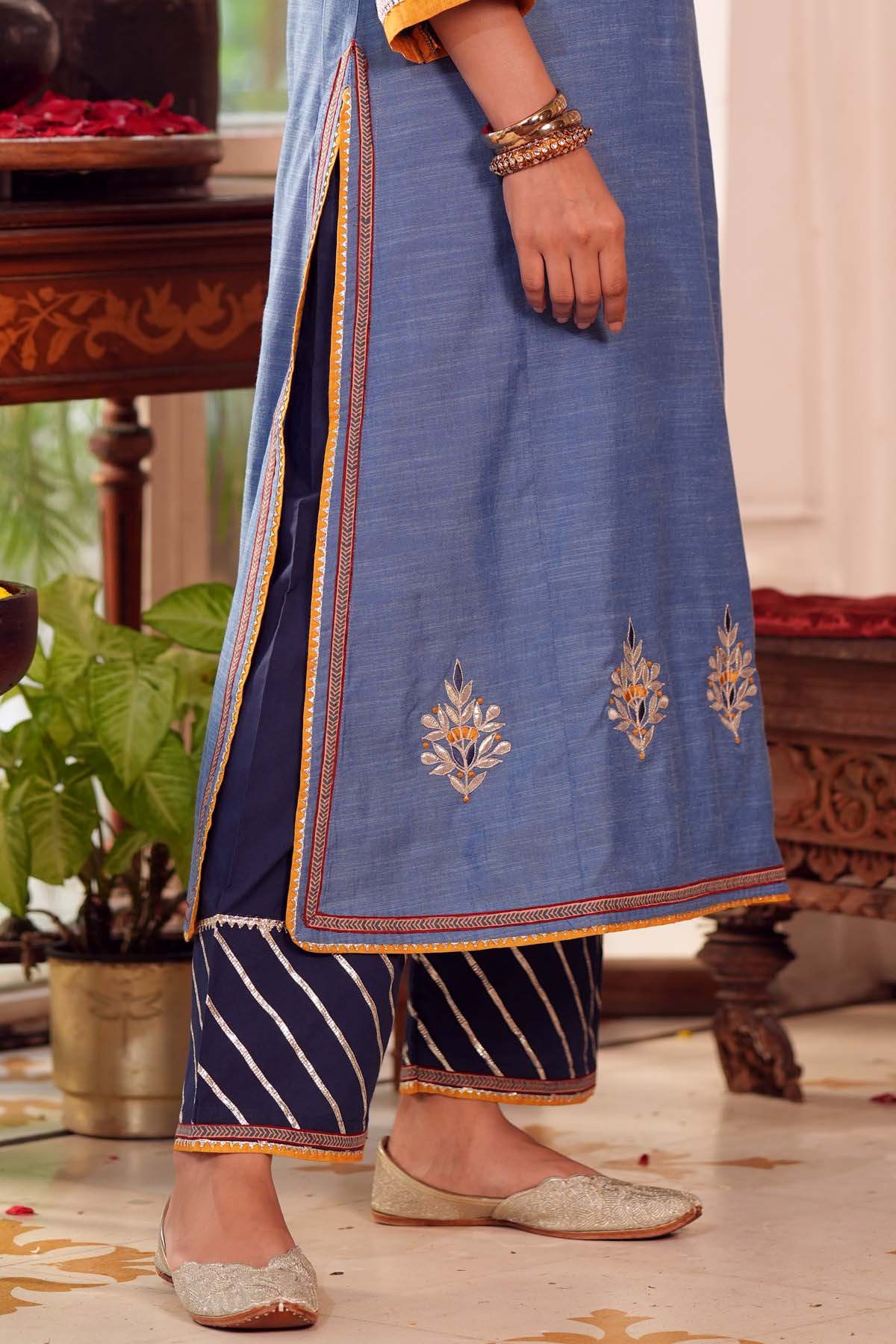 Navy Blue Straight Fit Pant With Gota Work
