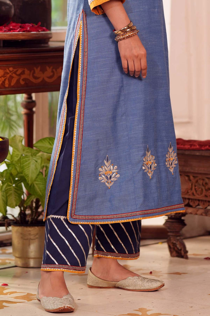 Navy Blue Straight Fit Pant With Gota Work